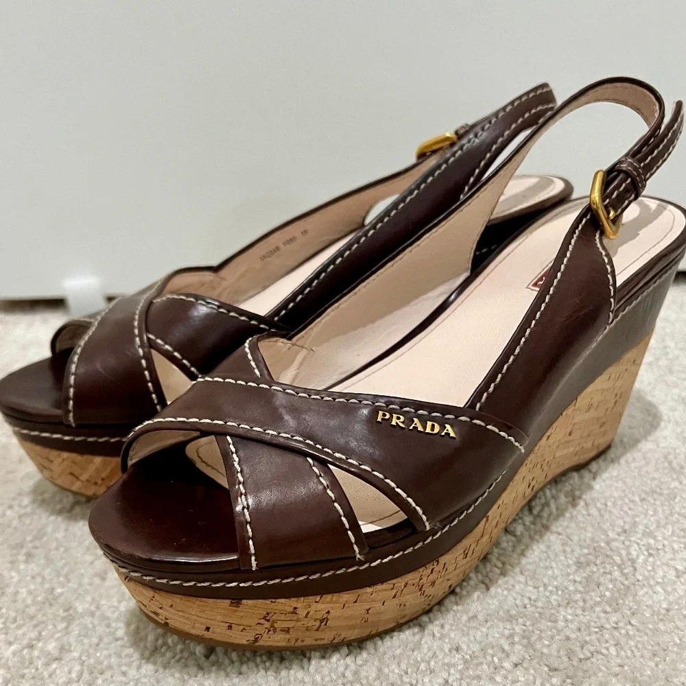 Prada Cork Wedge Sandals Brown Leather EU 39 US 8.5 Resort Luxury Italy